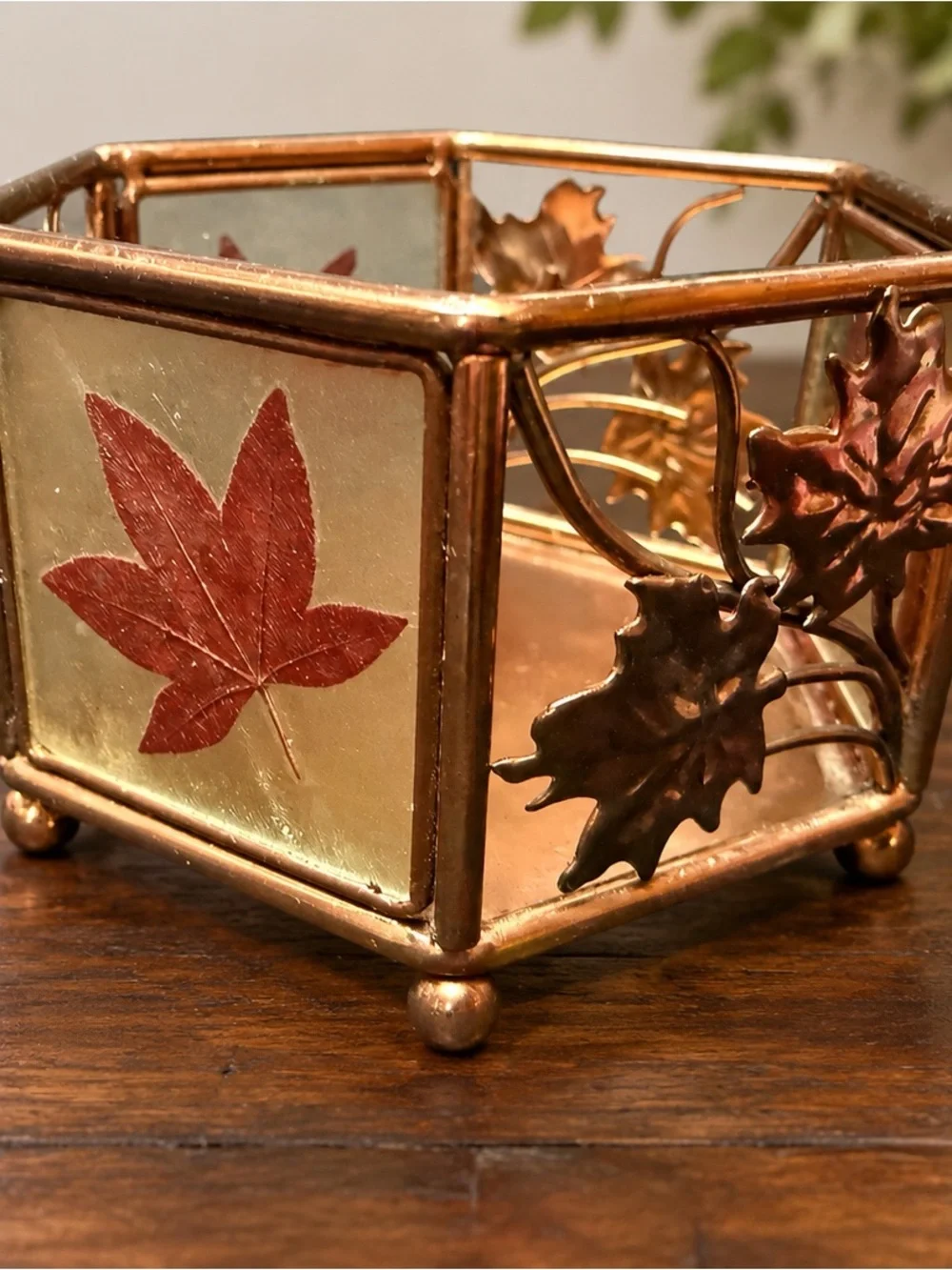 Vintage Kmart Copper Tone Maple Leaf Glass Candle Holder Fall Autumn Decor